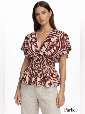 Parker Hallie Peplum Top Size 2 Red Floral Smocked Waist Boho V-Neck Blouse NWT